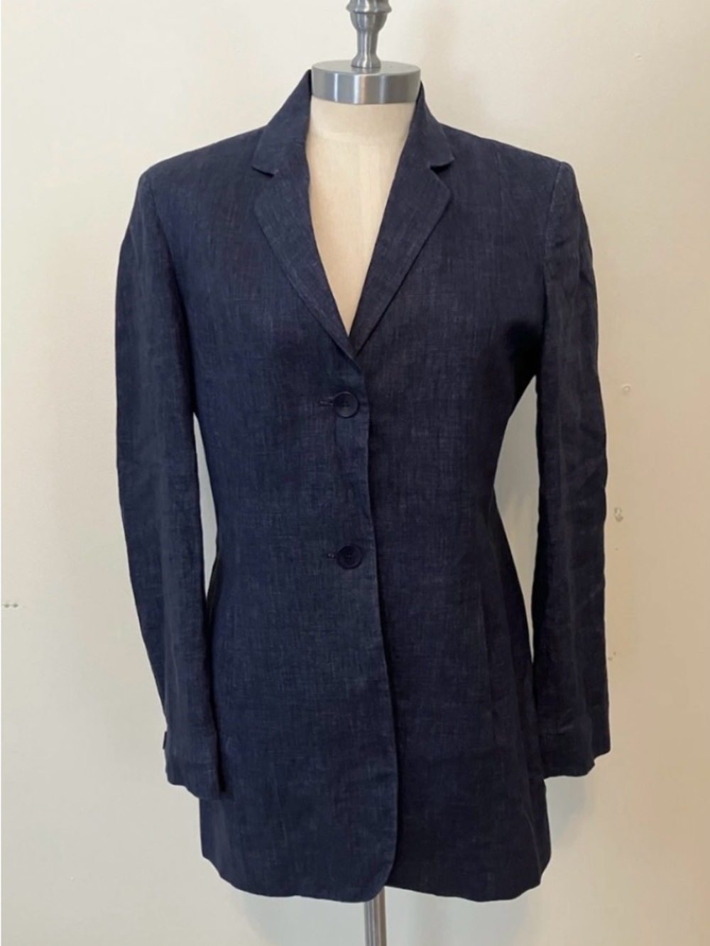 Vintage 100% Linen Navy longline 2button Women's Blazer Jacket Jones New York